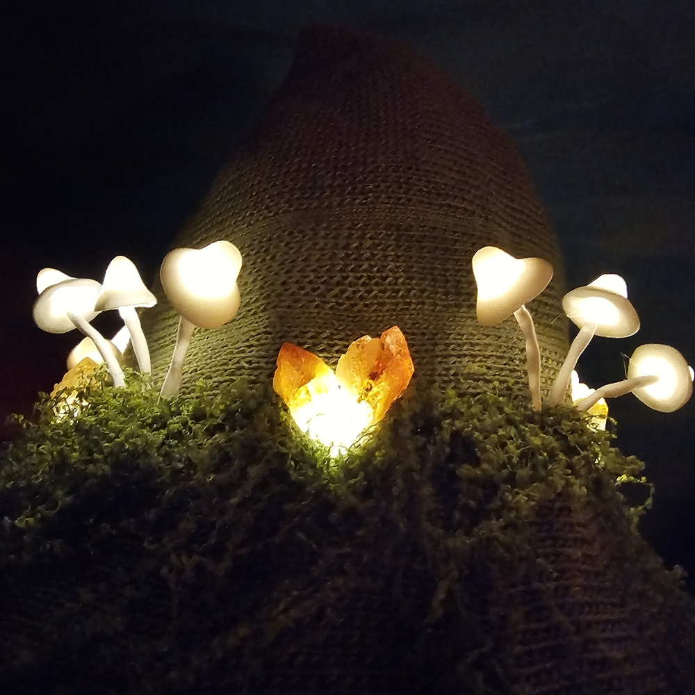 Light up crystal and mushroom hat.
